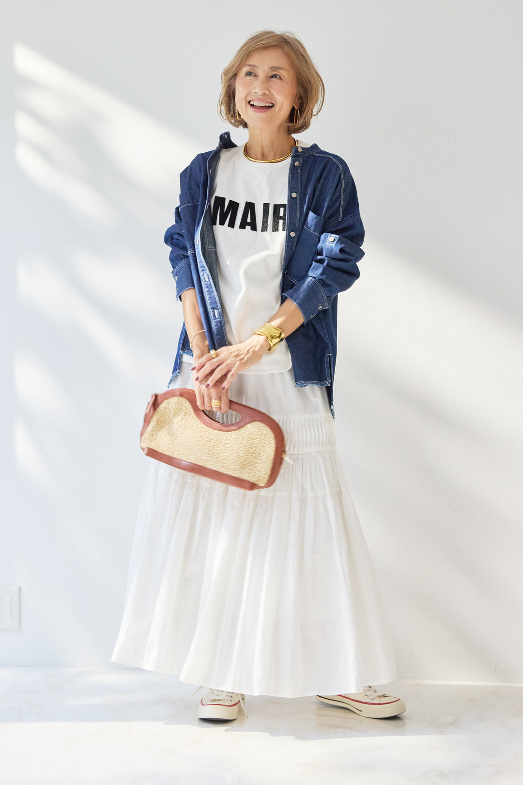 [SET]MAIRE フロッキーロゴTシャツ+キャンブリックタックギャザースカート+コットンデニムノーカラーシャツ(3set)