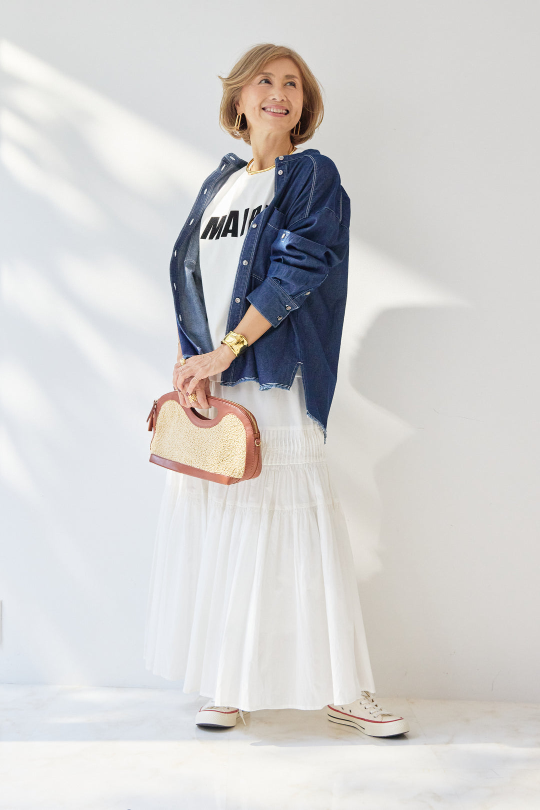 [SET]MAIRE フロッキーロゴTシャツ+キャンブリックタックギャザースカート+コットンデニムノーカラーシャツ(3set)