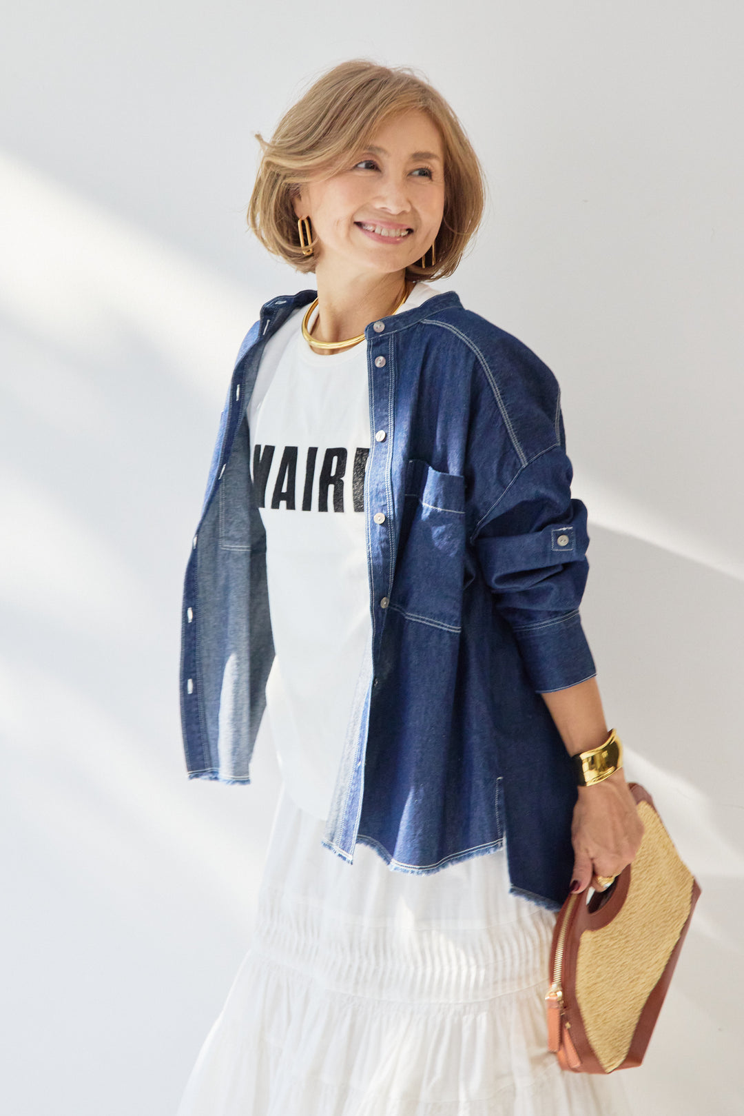 [SET]MAIRE フロッキーロゴTシャツ+キャンブリックタックギャザースカート+コットンデニムノーカラーシャツ(3set)