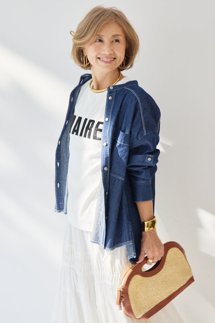 [SET]MAIRE フロッキーロゴTシャツ+キャンブリックタックギャザースカート+コットンデニムノーカラーシャツ(3set)