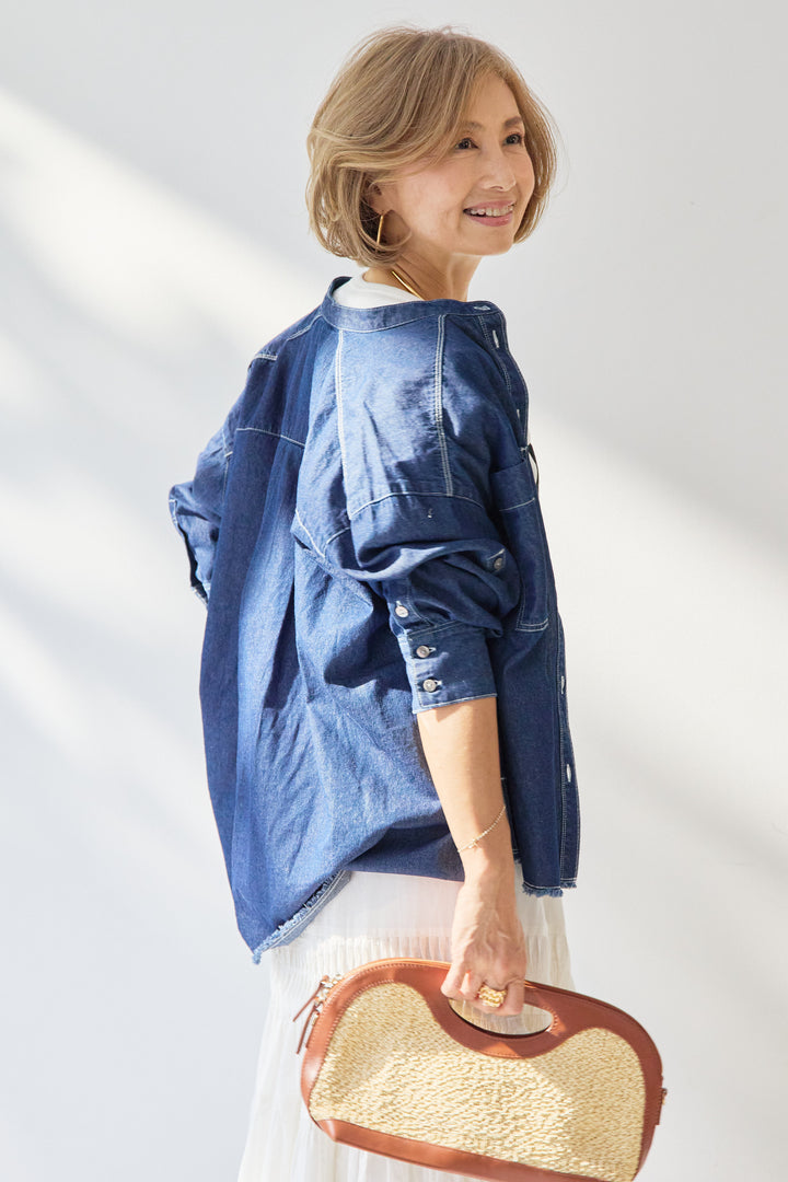 [SET]MAIRE フロッキーロゴTシャツ+キャンブリックタックギャザースカート+コットンデニムノーカラーシャツ(3set)