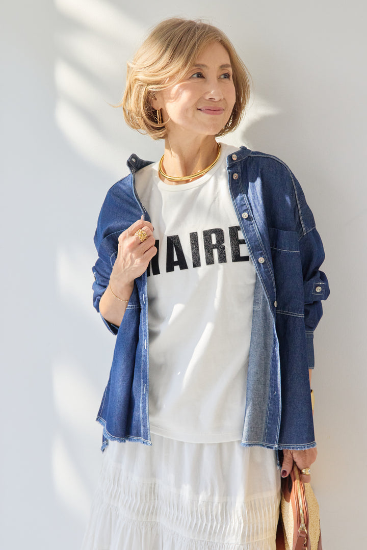 [SET]MAIRE フロッキーロゴTシャツ+キャンブリックタックギャザースカート+コットンデニムノーカラーシャツ(3set)