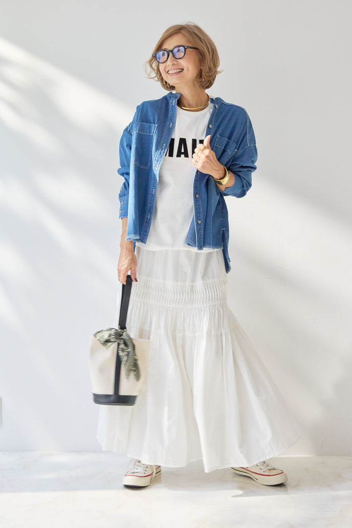 [SET]MAIRE フロッキーロゴTシャツ+キャンブリックタックギャザースカート+コットンデニムノーカラーシャツ(3set)