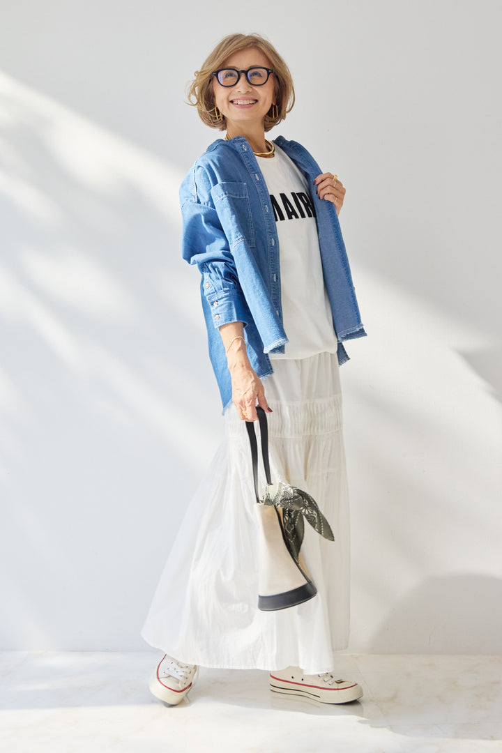 [SET]MAIRE フロッキーロゴTシャツ+キャンブリックタックギャザースカート+コットンデニムノーカラーシャツ(3set)