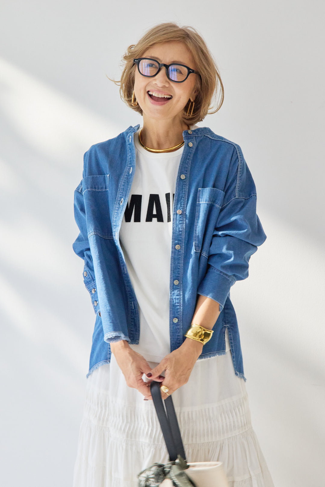 [SET]MAIRE フロッキーロゴTシャツ+キャンブリックタックギャザースカート+コットンデニムノーカラーシャツ(3set)