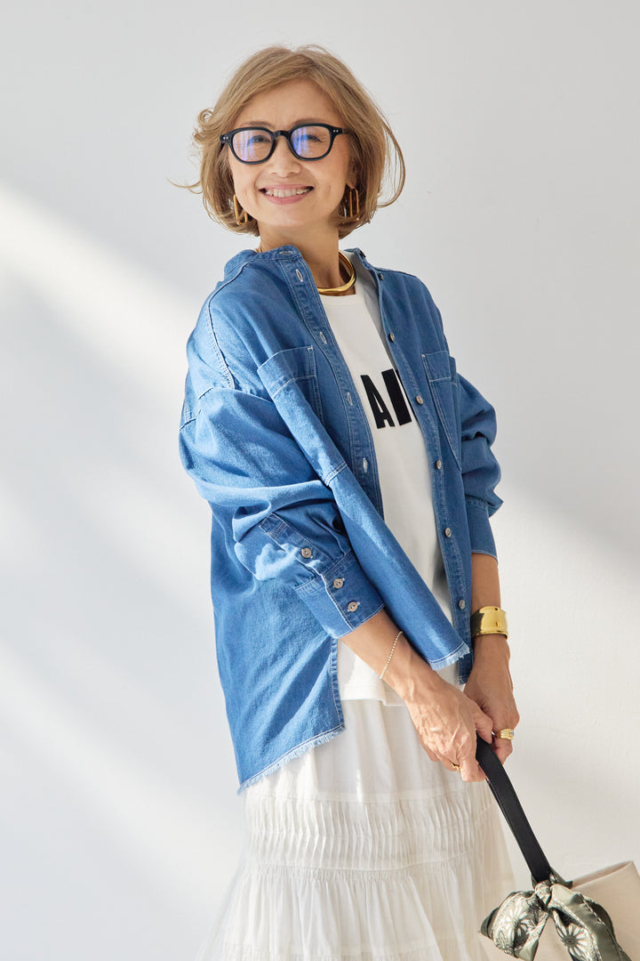 [SET]MAIRE フロッキーロゴTシャツ+キャンブリックタックギャザースカート+コットンデニムノーカラーシャツ(3set)