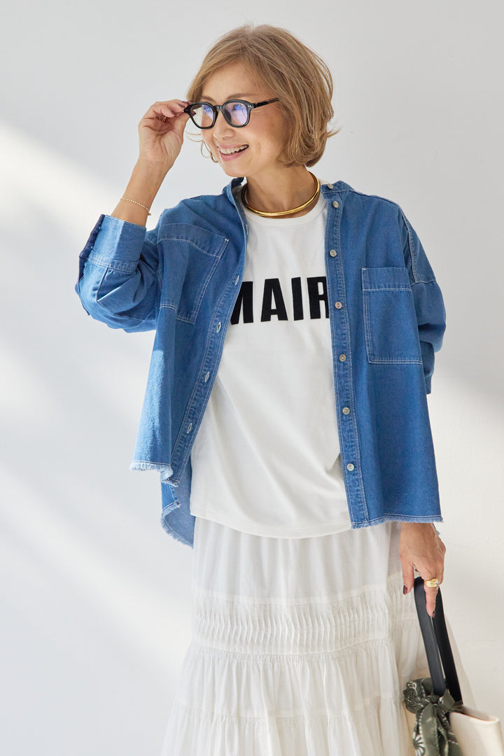 [SET]MAIRE フロッキーロゴTシャツ+キャンブリックタックギャザースカート+コットンデニムノーカラーシャツ(3set)