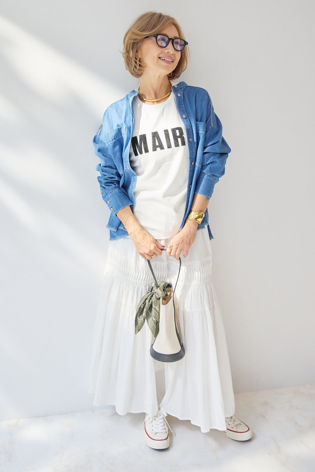 [SET]MAIRE フロッキーロゴTシャツ+キャンブリックタックギャザースカート+コットンデニムノーカラーシャツ(3set)