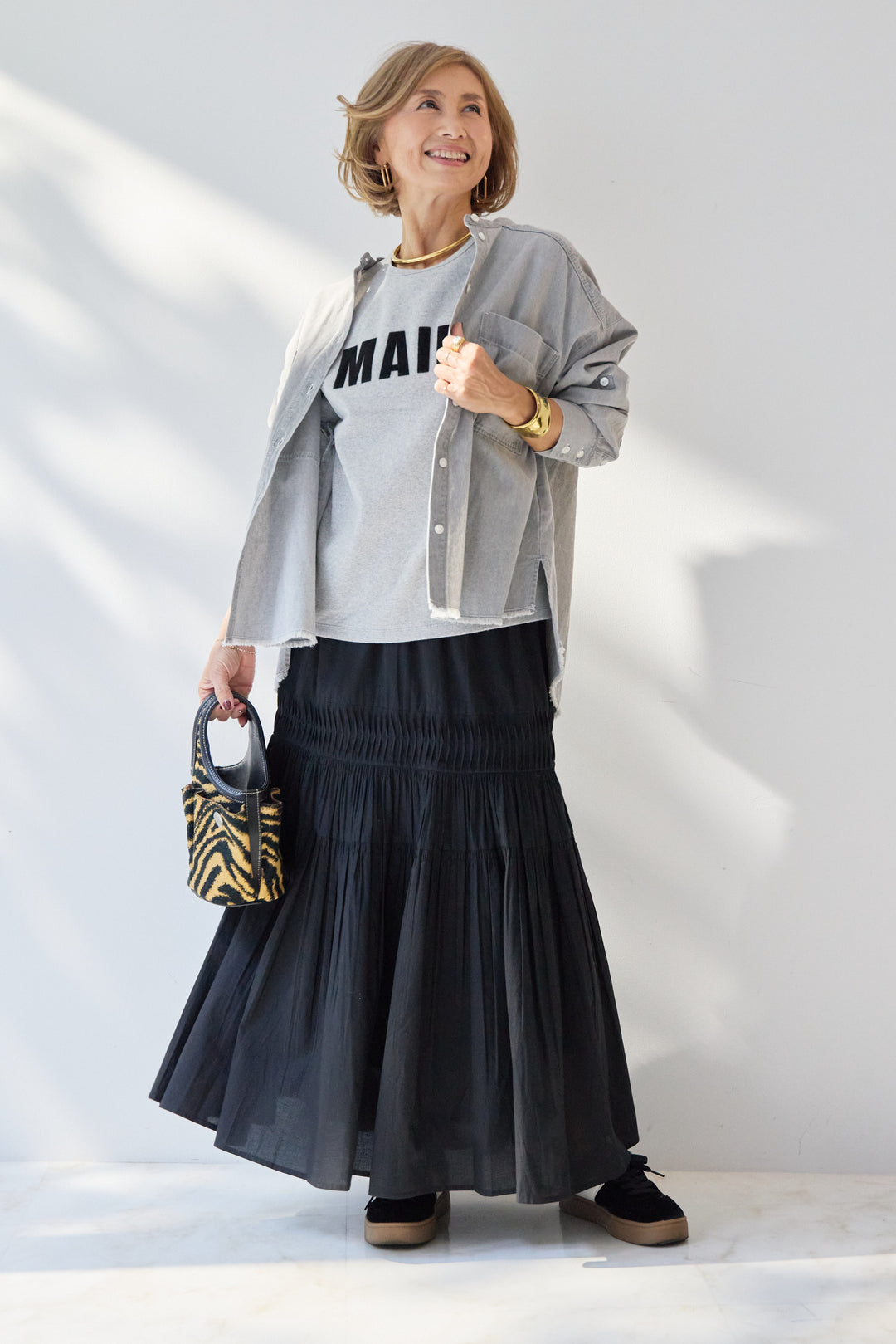 [SET]MAIRE フロッキーロゴTシャツ+キャンブリックタックギャザースカート+コットンデニムノーカラーシャツ(3set)