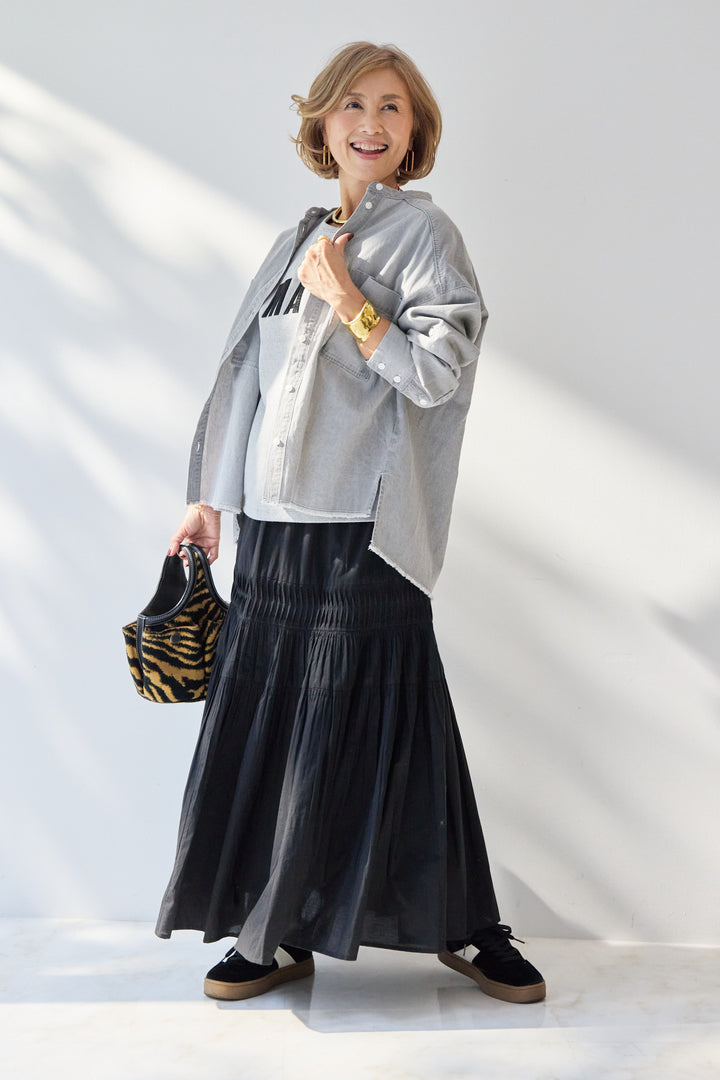 [SET]MAIRE フロッキーロゴTシャツ+キャンブリックタックギャザースカート+コットンデニムノーカラーシャツ(3set)