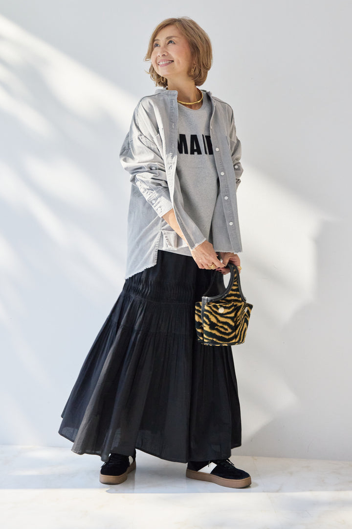 [SET]MAIRE フロッキーロゴTシャツ+キャンブリックタックギャザースカート+コットンデニムノーカラーシャツ(3set)