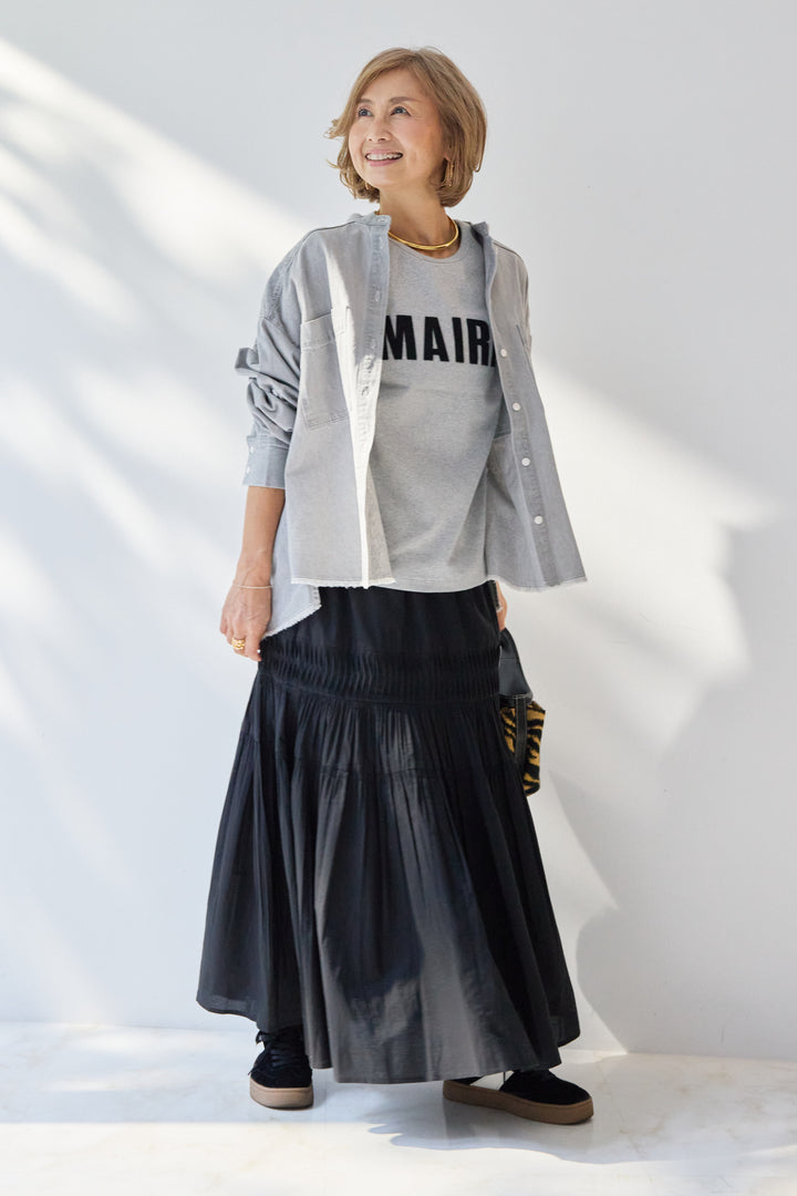 [SET]MAIRE フロッキーロゴTシャツ+キャンブリックタックギャザースカート+コットンデニムノーカラーシャツ(3set)