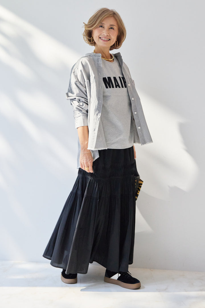 [SET]MAIRE フロッキーロゴTシャツ+キャンブリックタックギャザースカート+コットンデニムノーカラーシャツ(3set)