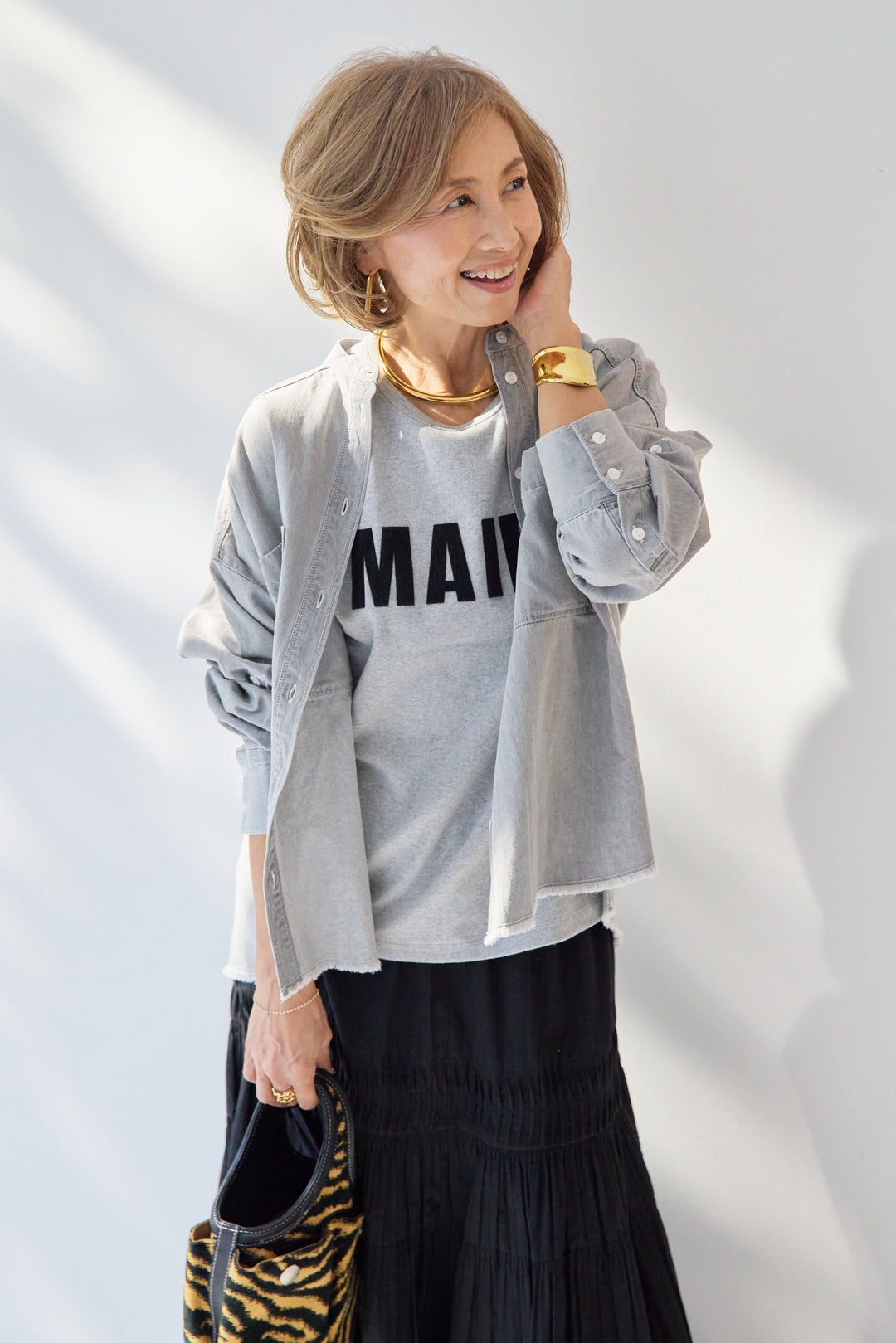 [SET]MAIRE フロッキーロゴTシャツ+キャンブリックタックギャザースカート+コットンデニムノーカラーシャツ(3set)