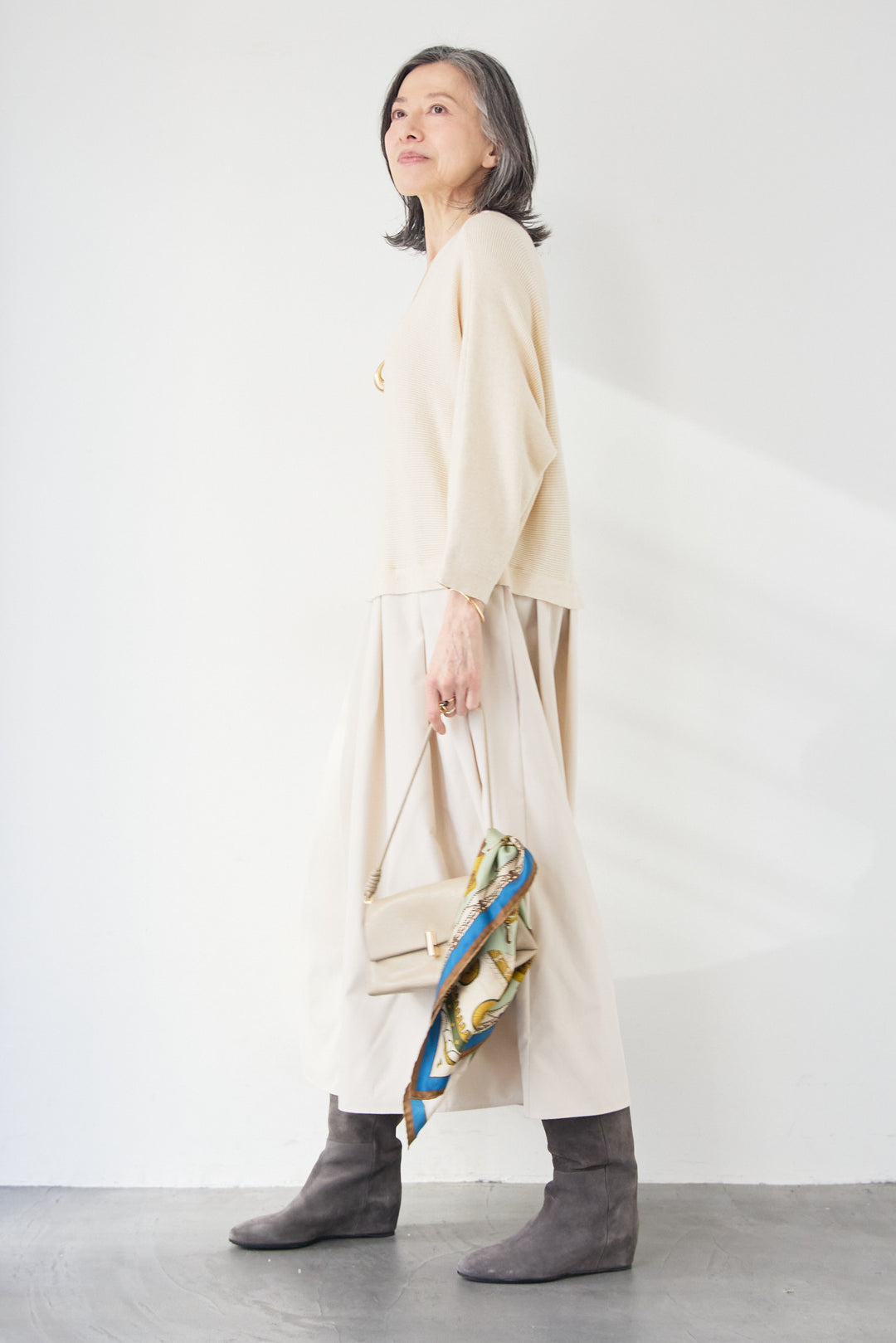 レイヤード風・異素材ドッキングラインワンピース