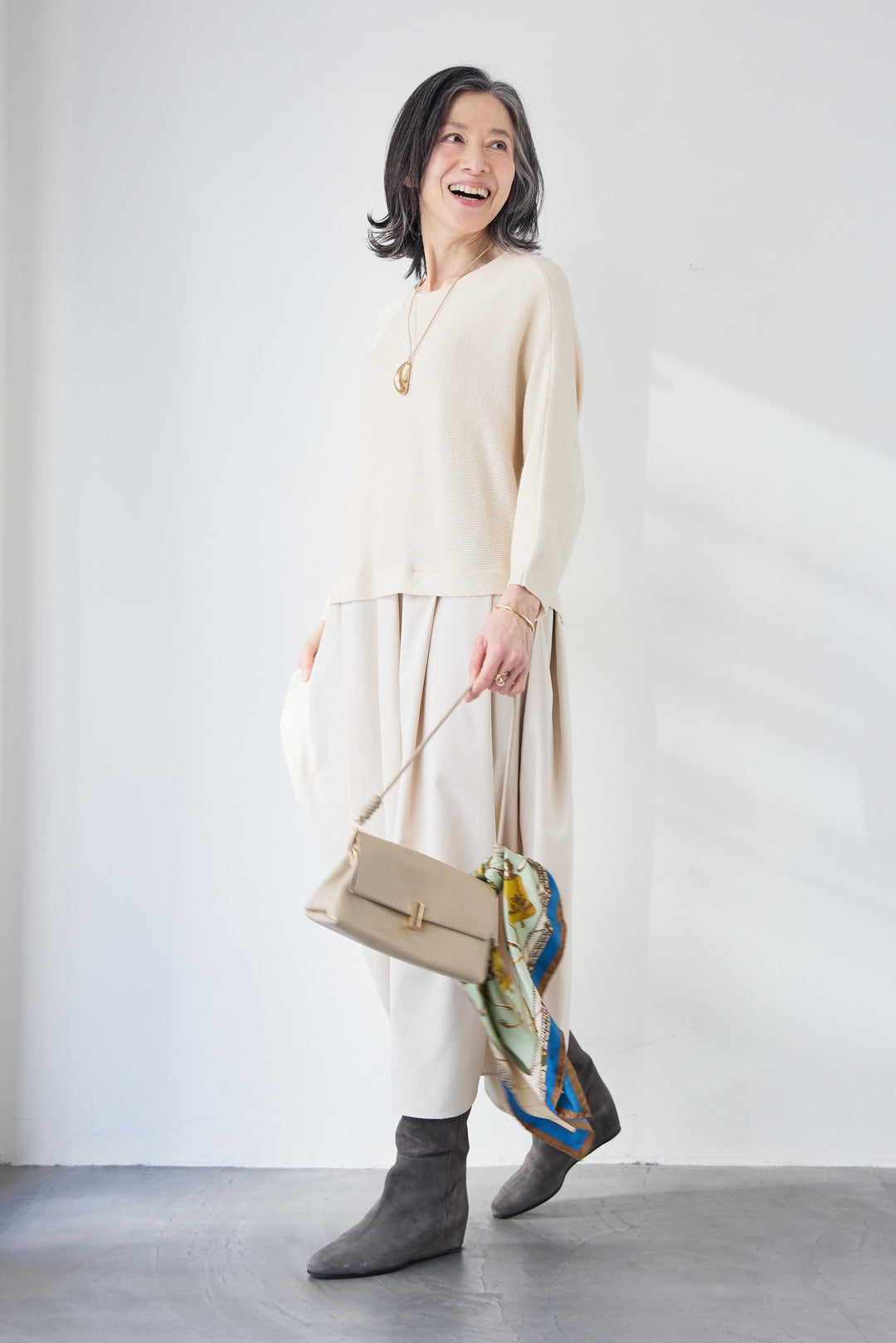 レイヤード風・異素材ドッキングラインワンピース