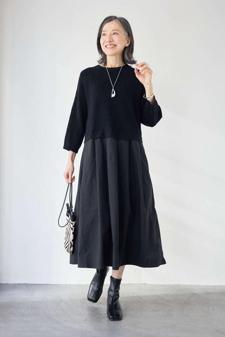 レイヤード風・異素材ドッキングラインワンピース