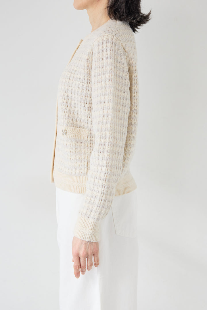 [SET]ラメ混ツイード編み ビジューボタン ニットカーディガン+ストレートワイドデニムパンツ(2set)