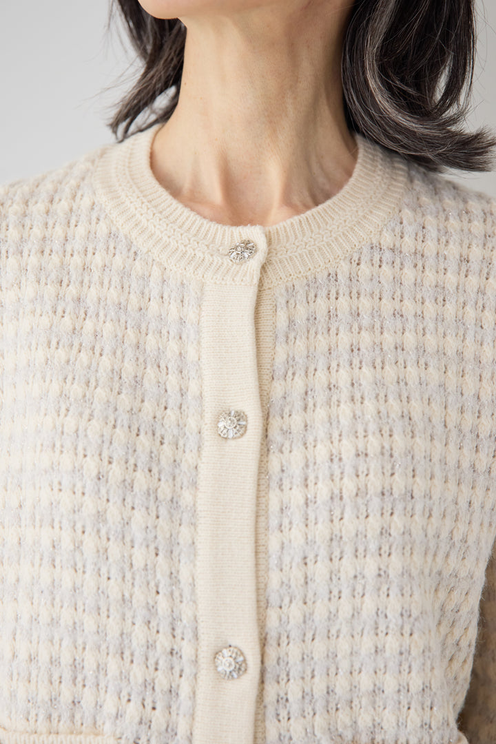 [SET]ラメ混ツイード編み ビジューボタン ニットカーディガン+ストレートワイドデニムパンツ(2set)