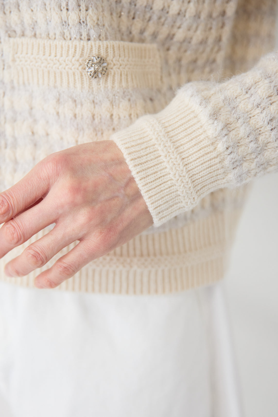 [SET]ラメ混ツイード編み ビジューボタン ニットカーディガン+ストレートワイドデニムパンツ(2set)