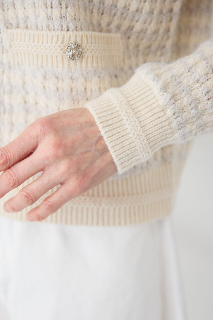 [SET]ラメ混ツイード編み ビジューボタン ニットカーディガン+ストレートワイドデニムパンツ(2set)