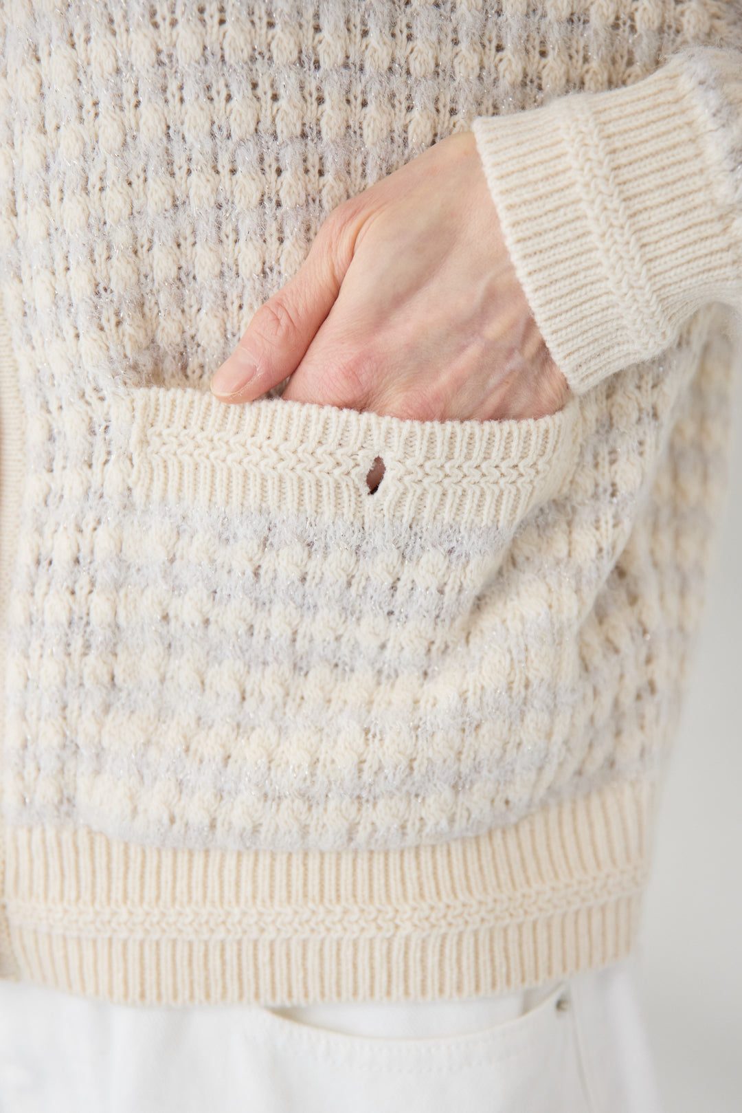 [SET]ラメ混ツイード編み ビジューボタン ニットカーディガン+ストレートワイドデニムパンツ(2set)