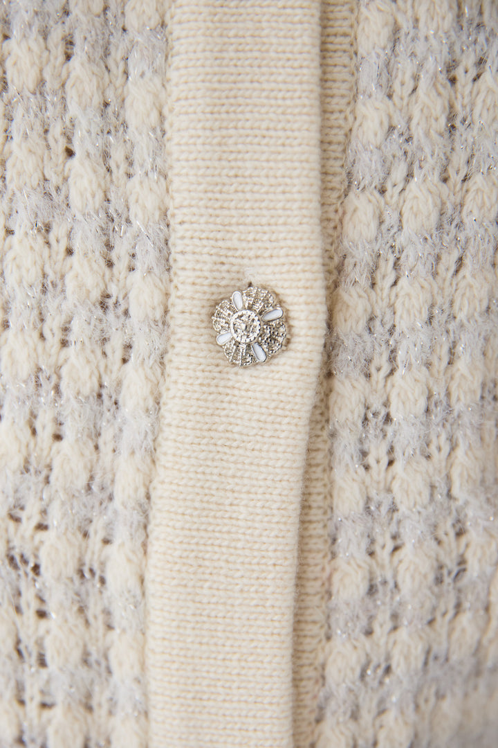 [SET]ラメ混ツイード編み ビジューボタン ニットカーディガン+ストレートワイドデニムパンツ(2set)