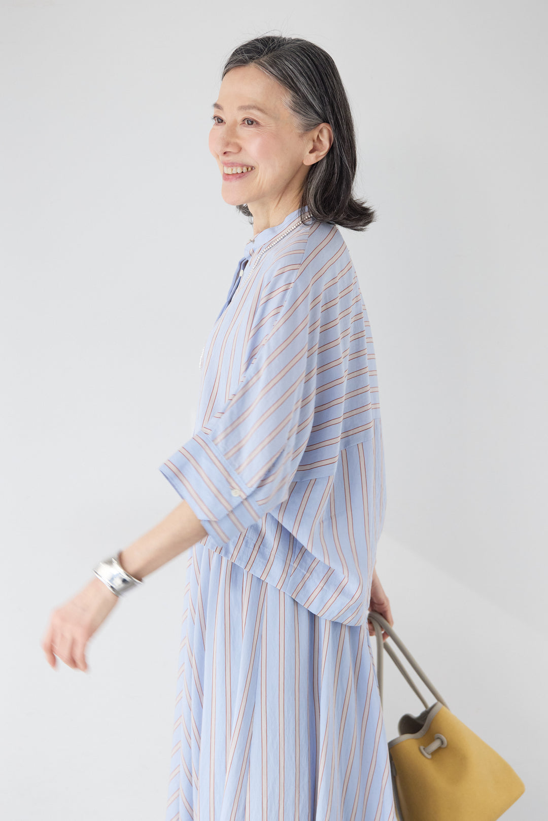 マルチストライプ切替 バンドカラー比翼ブラウス（セットアップ対応）