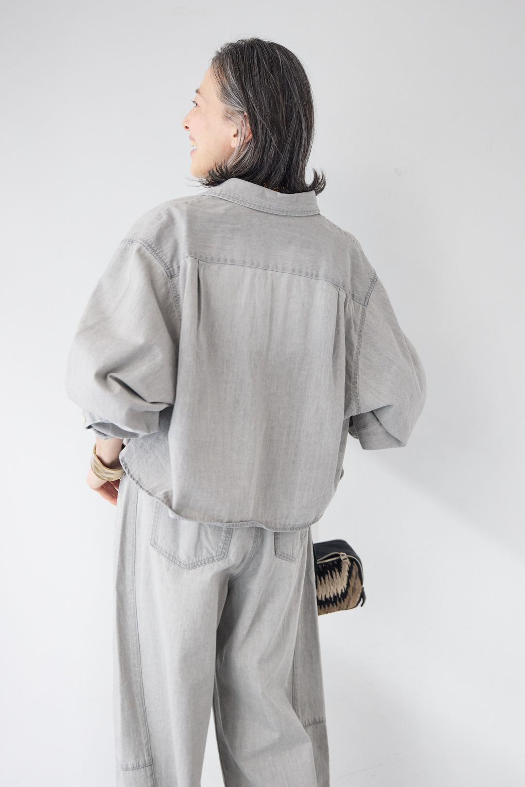 [SET]コットンデニム ボリュームスリーブ ブラウス（セットアップ対応）+ソフトタッチ・クルーネックTシャツ+リラックス・コクーンワイド デニム（セットアップ対応）(3set)