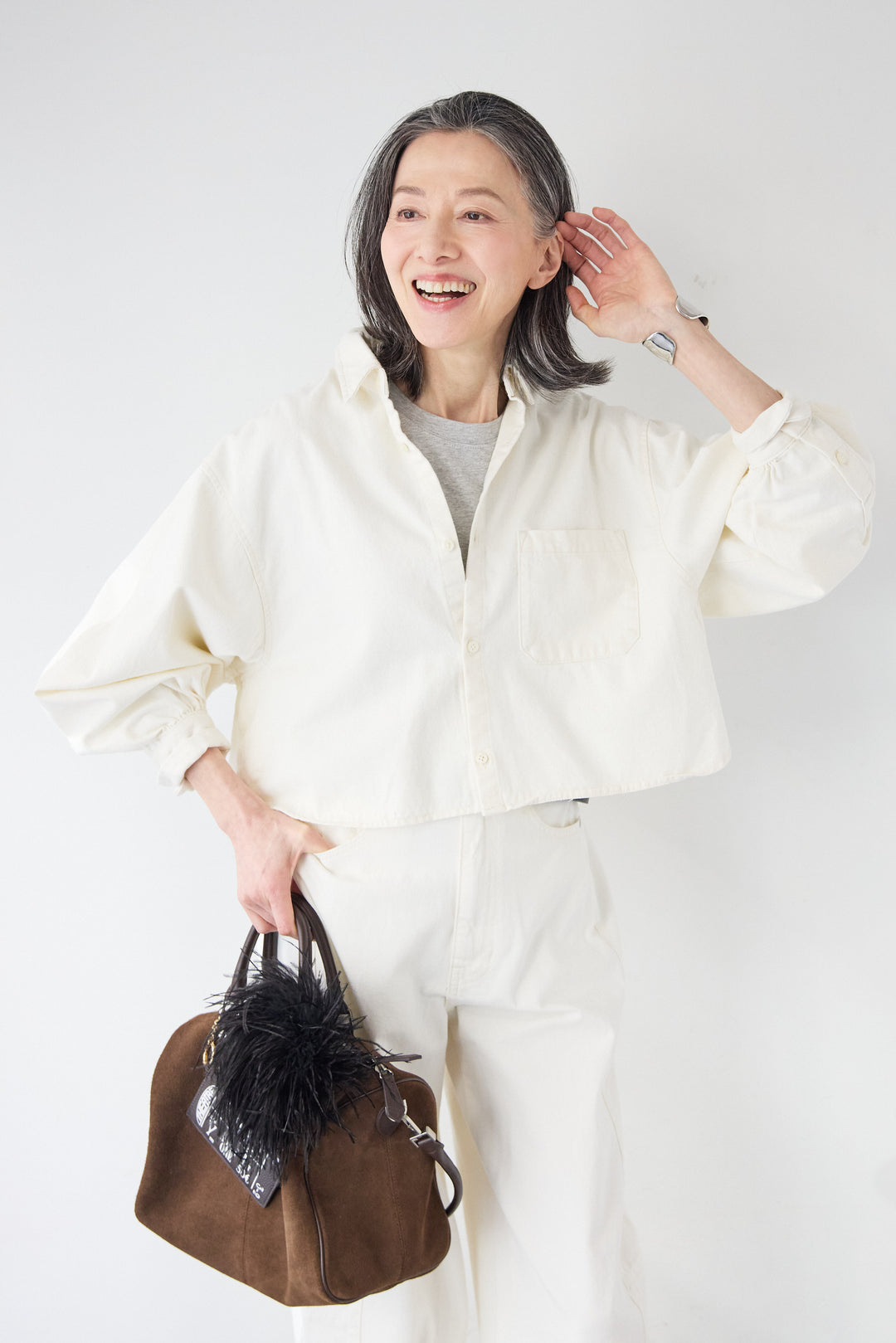 [SET]コットンデニム ボリュームスリーブ ブラウス（セットアップ対応）+ソフトタッチ・クルーネックTシャツ+リラックス・コクーンワイド デニム（セットアップ対応）(3set)