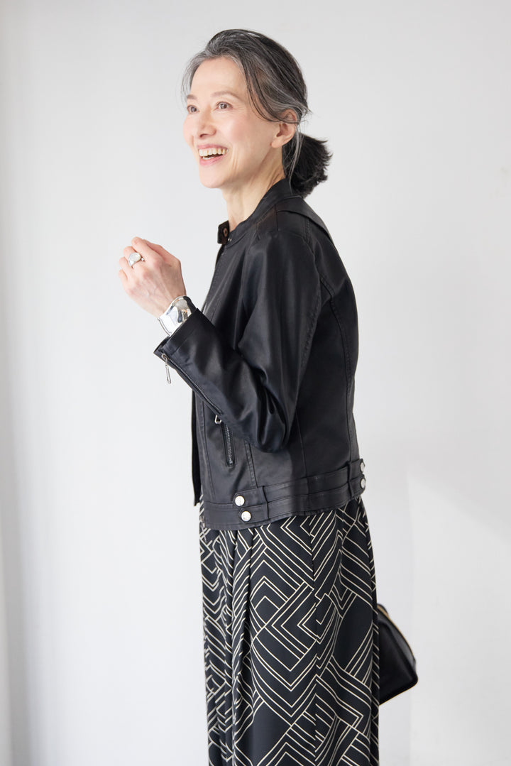 エコスムースレザー スタンドカラー ライダースジャケット