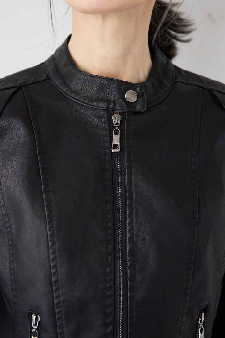 エコスムースレザー スタンドカラー ライダースジャケット