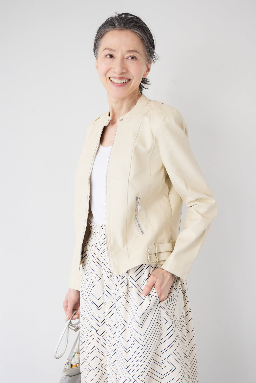 エコスムースレザー スタンドカラー ライダースジャケット