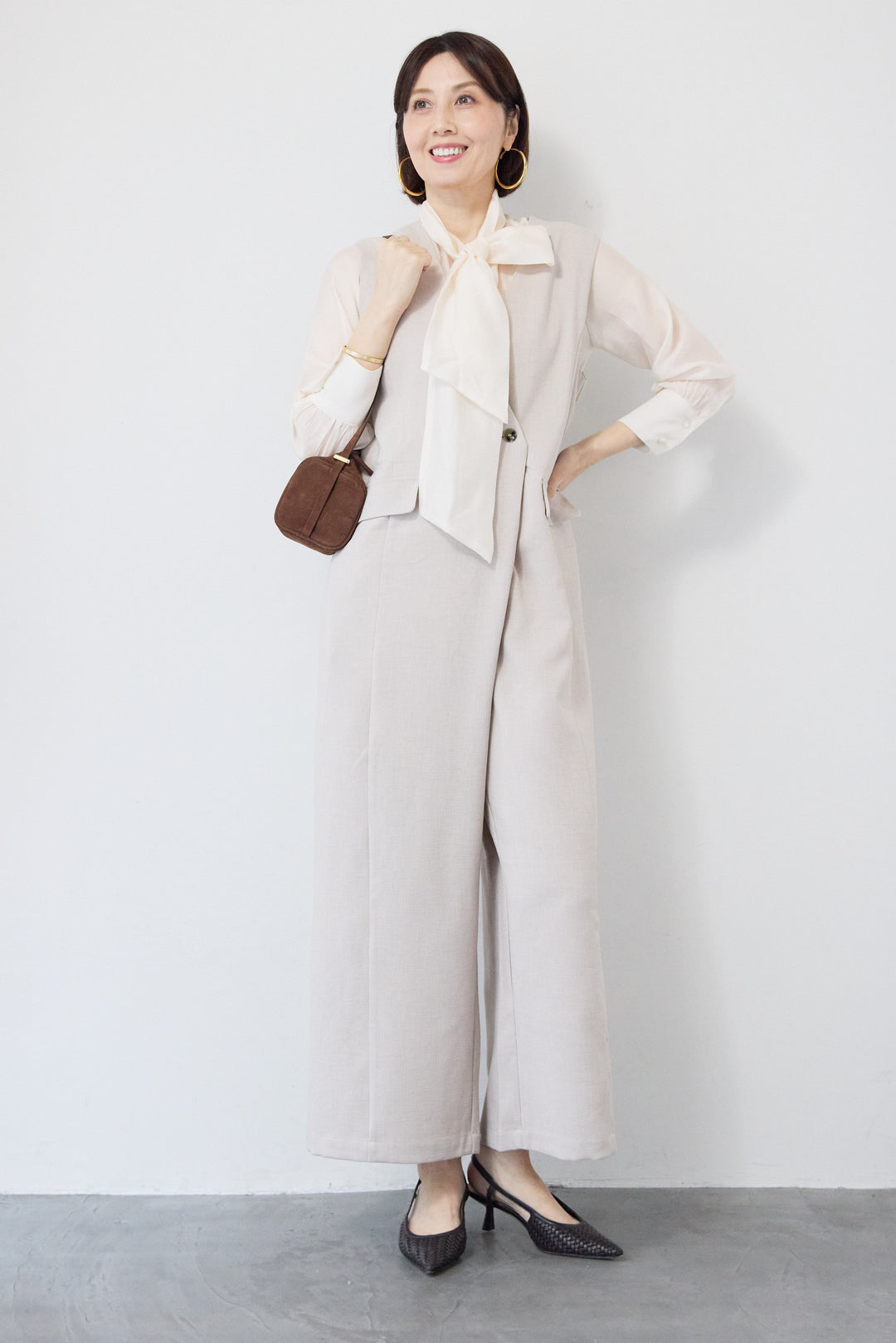 [SET]リネンライクオールインワン+ソフトシフォン ボウタイトップス(2set)