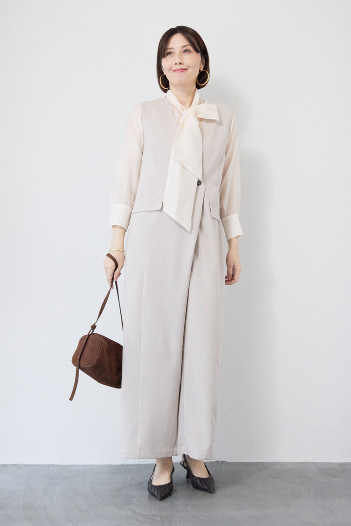 [SET]リネンライクオールインワン+ソフトシフォン ボウタイトップス(2set)