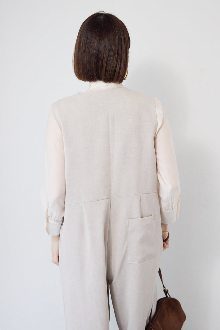 [SET]リネンライクオールインワン+ソフトシフォン ボウタイトップス(2set)