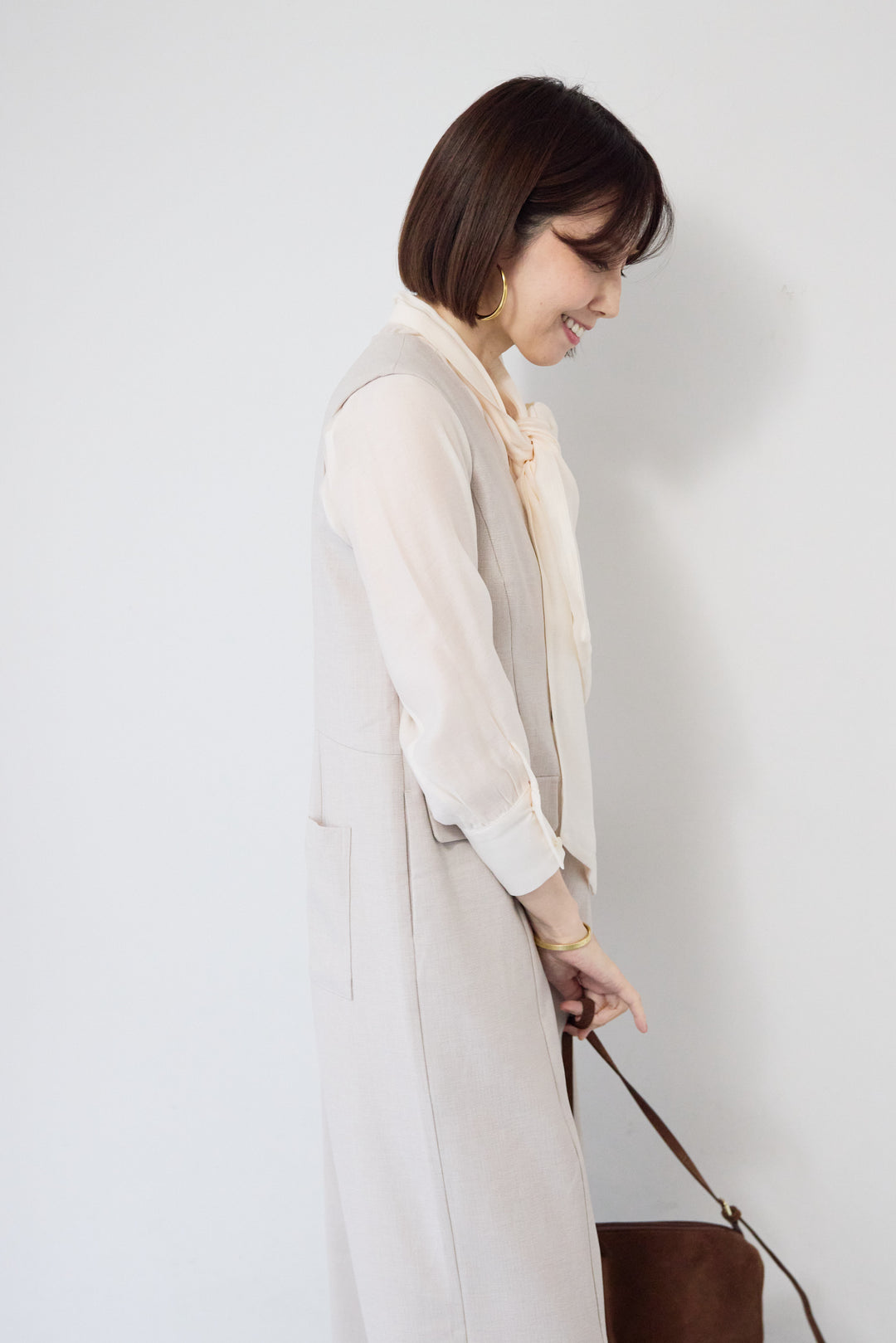 [SET]リネンライクオールインワン+ソフトシフォン ボウタイトップス(2set)