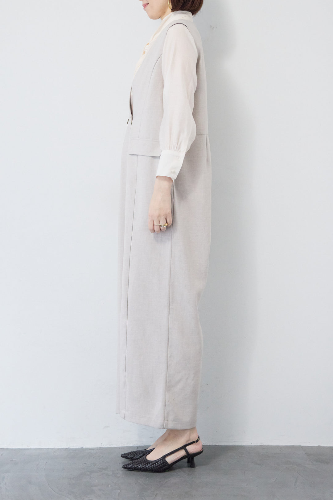 [SET]リネンライクオールインワン+ソフトシフォン ボウタイトップス(2set)