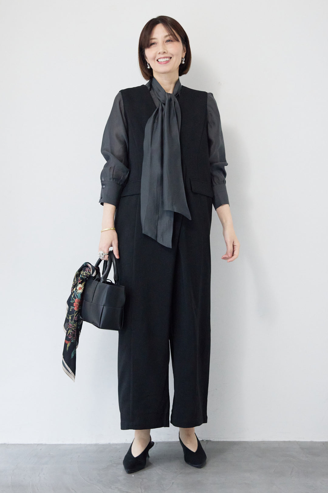 [SET]リネンライクオールインワン+ソフトシフォン ボウタイトップス(2set)