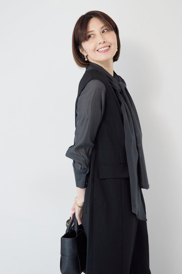 [SET]リネンライクオールインワン+ソフトシフォン ボウタイトップス(2set)