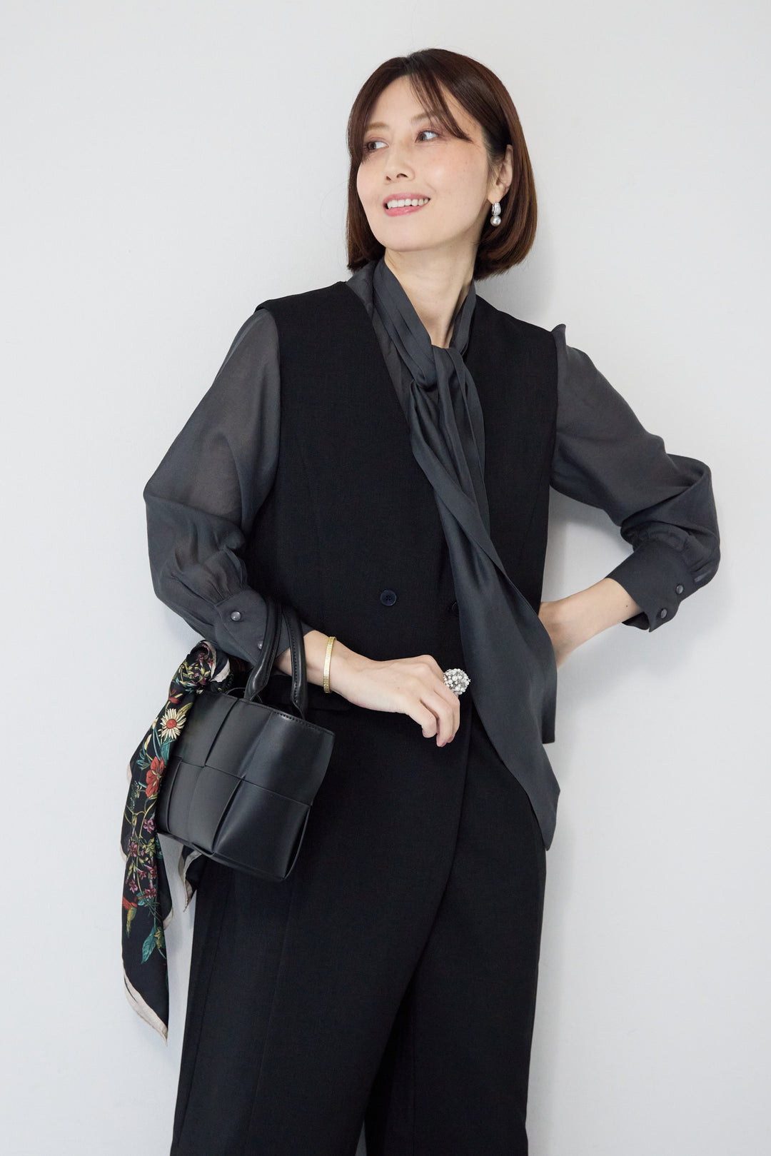 [SET]リネンライクオールインワン+ソフトシフォン ボウタイトップス(2set)