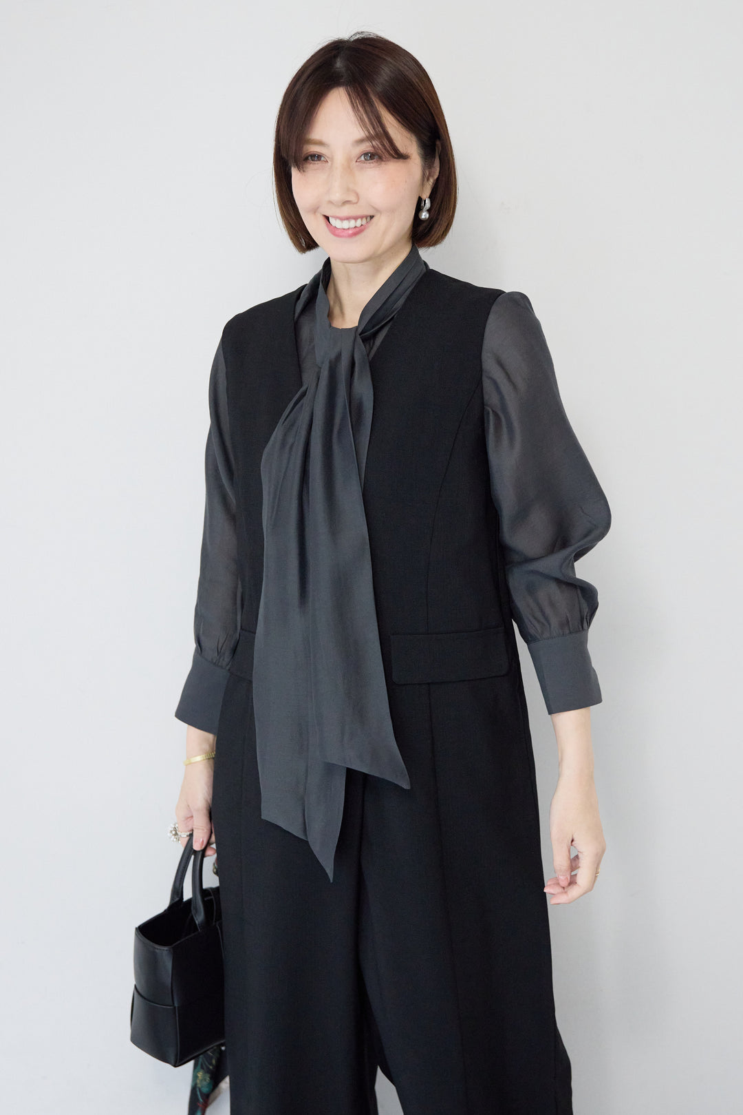 [SET]リネンライクオールインワン+ソフトシフォン ボウタイトップス(2set)