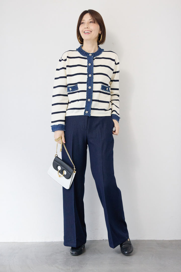 フリンジデニムライン ボーダーカーディガン
