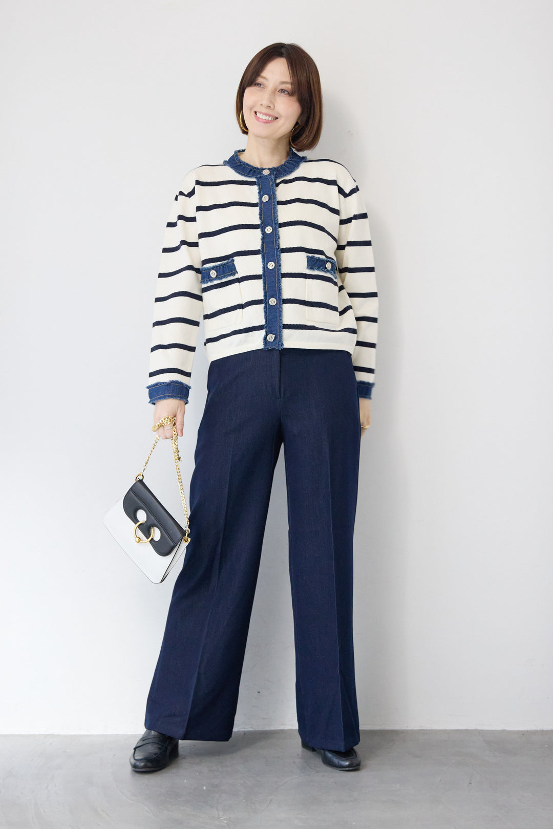 フリンジデニムライン ボーダーカーディガン