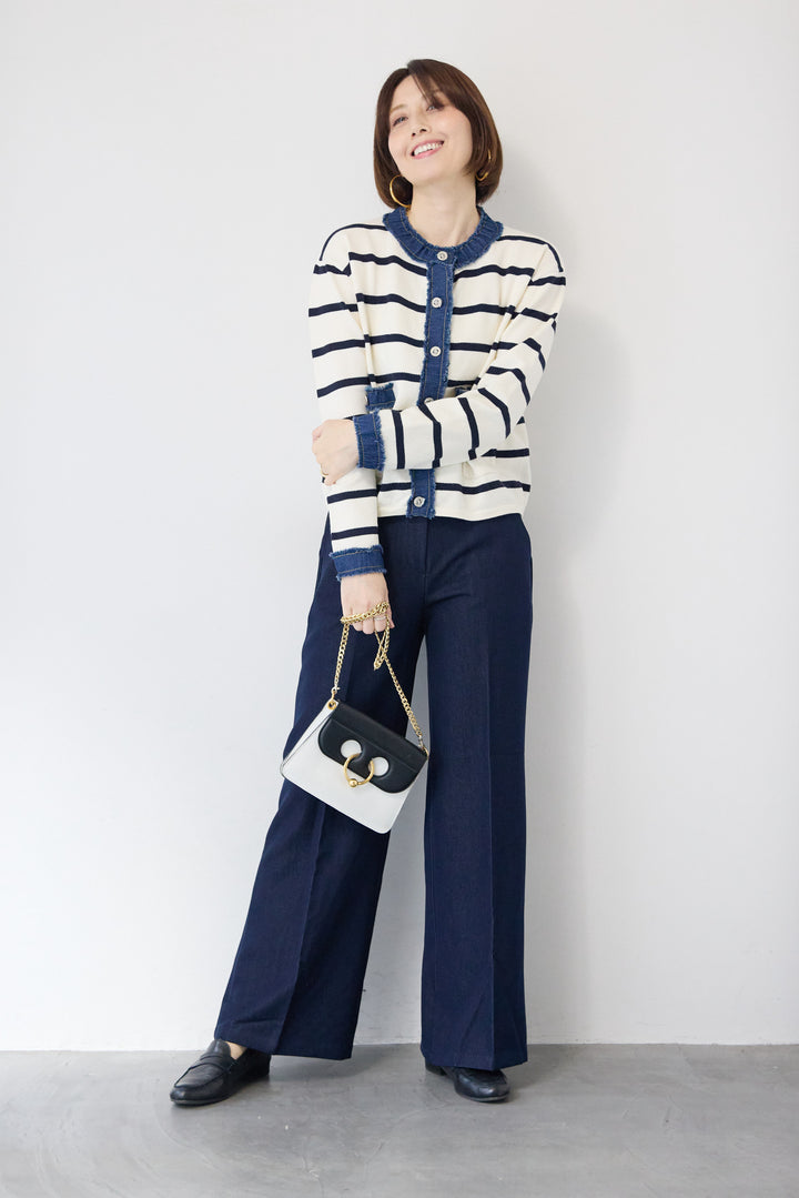 フリンジデニムライン ボーダーカーディガン