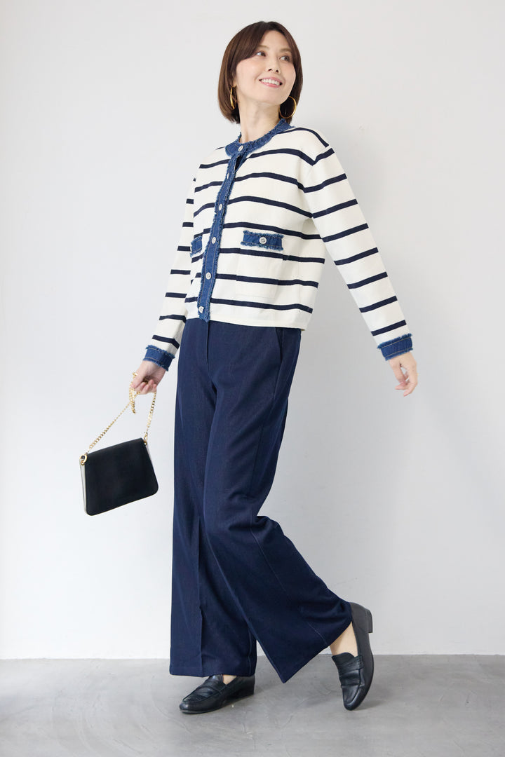 フリンジデニムライン ボーダーカーディガン