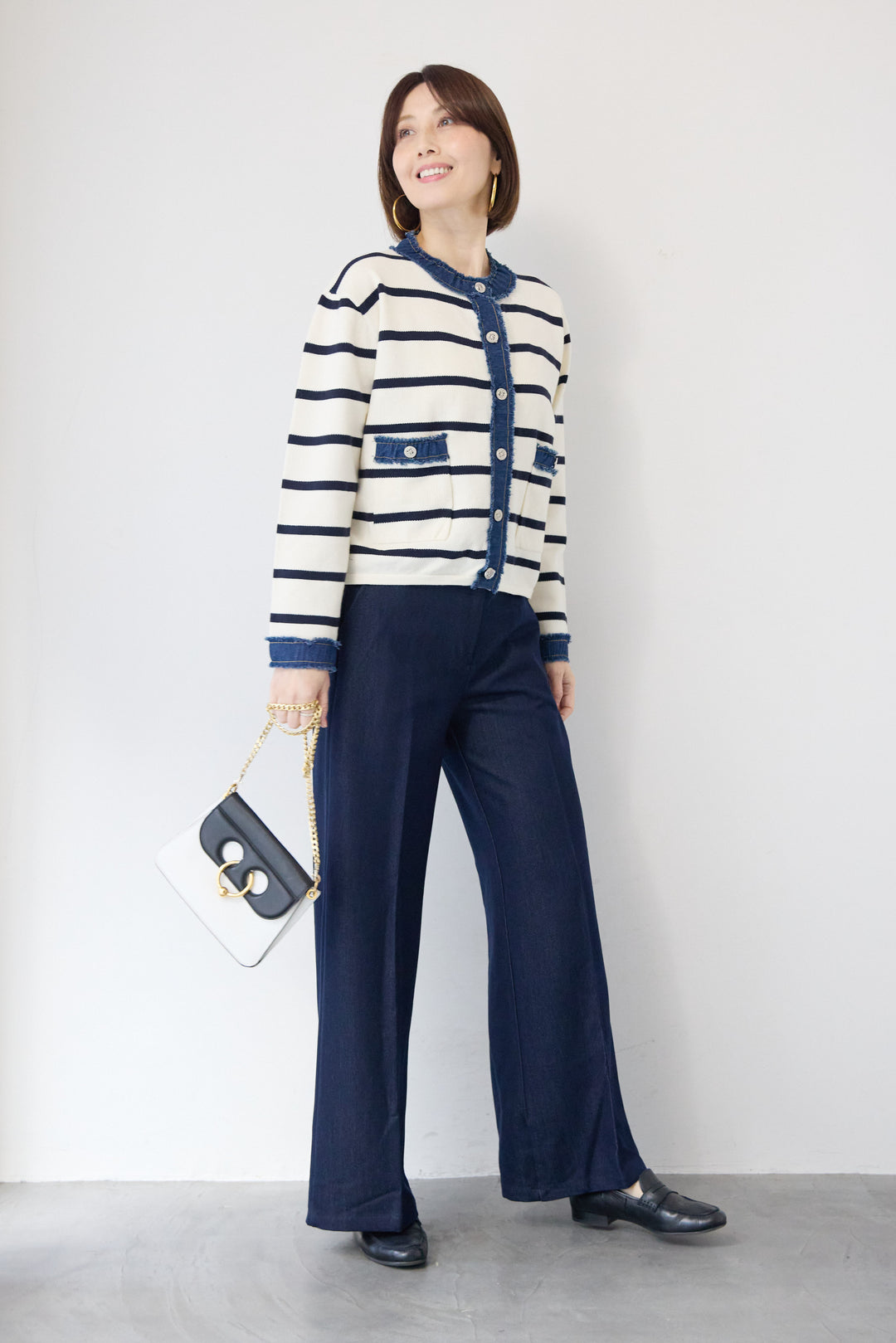 フリンジデニムライン ボーダーカーディガン