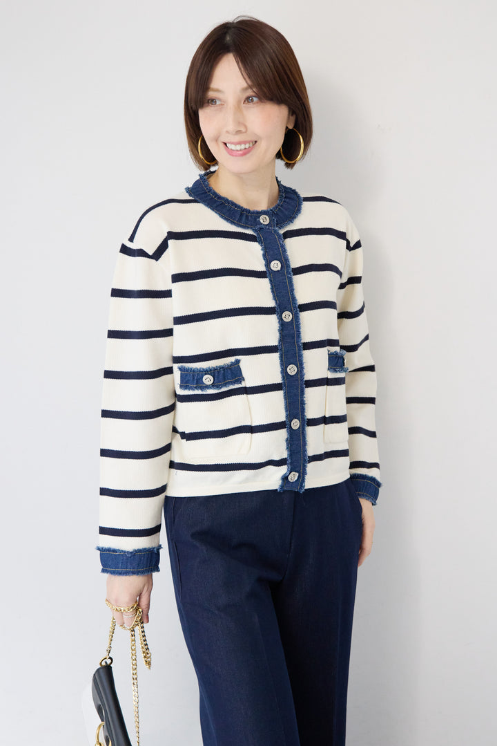 フリンジデニムライン ボーダーカーディガン