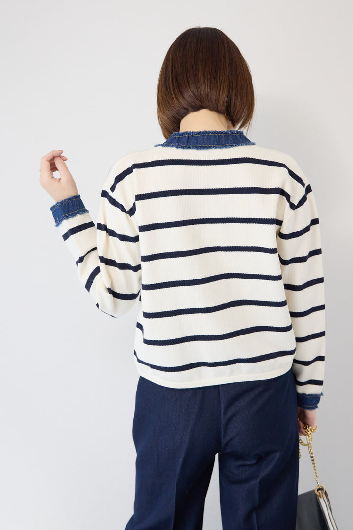 フリンジデニムライン ボーダーカーディガン