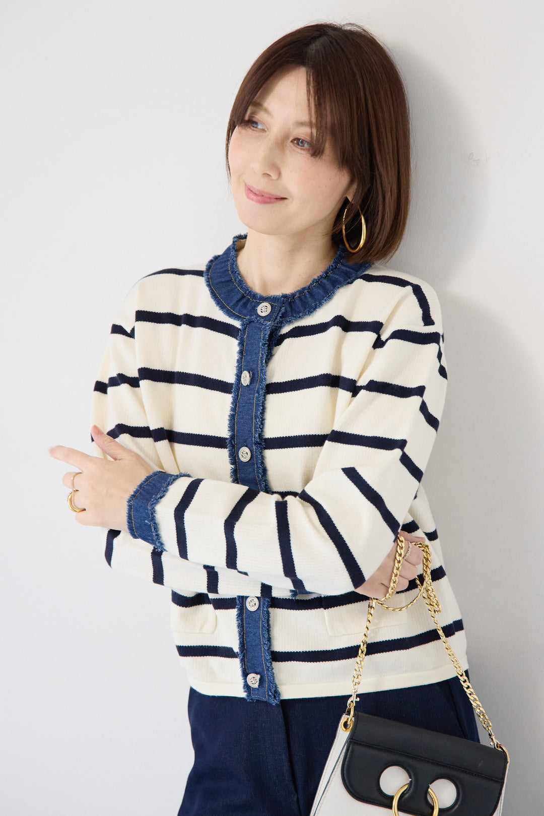 フリンジデニムライン ボーダーカーディガン